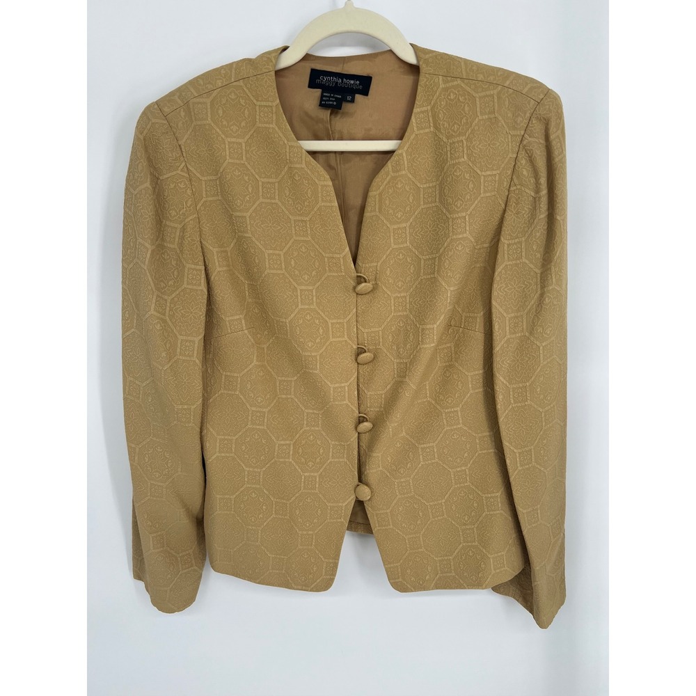 Cynthia Howie Maggy Boutique Silk Jacquard Blazer Tan‎ Gold Geometric Jacket 12